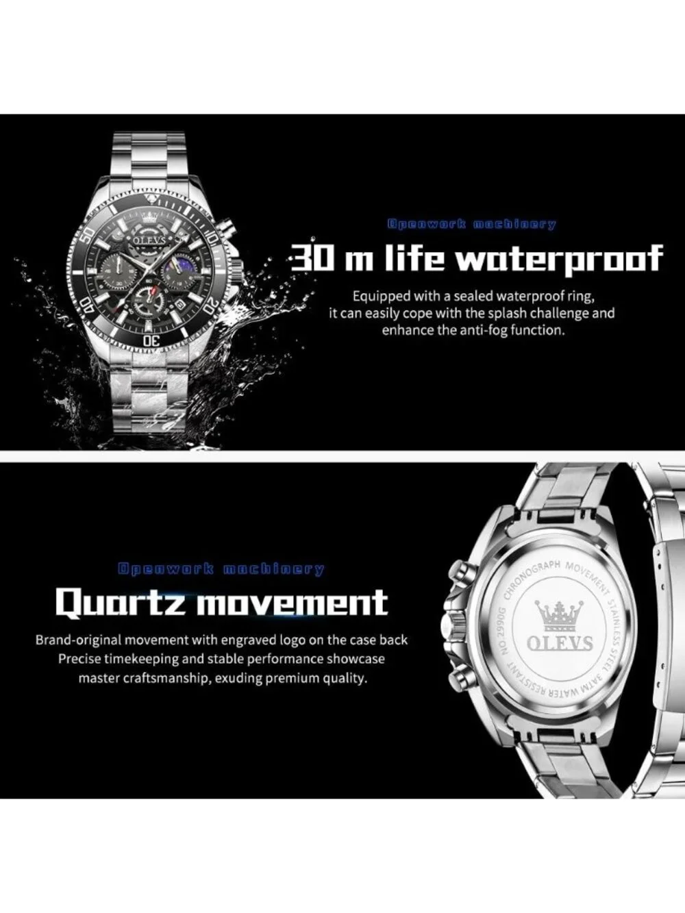 Men's Silver-Black Stainless Steel Waterproof Business Date Dress Wrist Watch